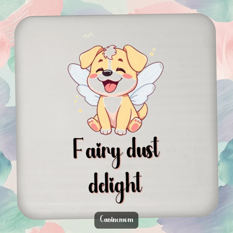 Funny drink coaster featuring a giggling dog with fairy wings, bringing enchanting humor, a delightful funny gift.