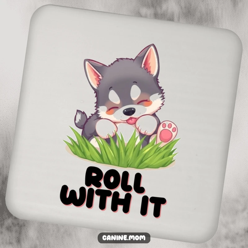 Funny drink coaster featuring a husky puppy playfully rolling in grass, adding a cute element to tables.