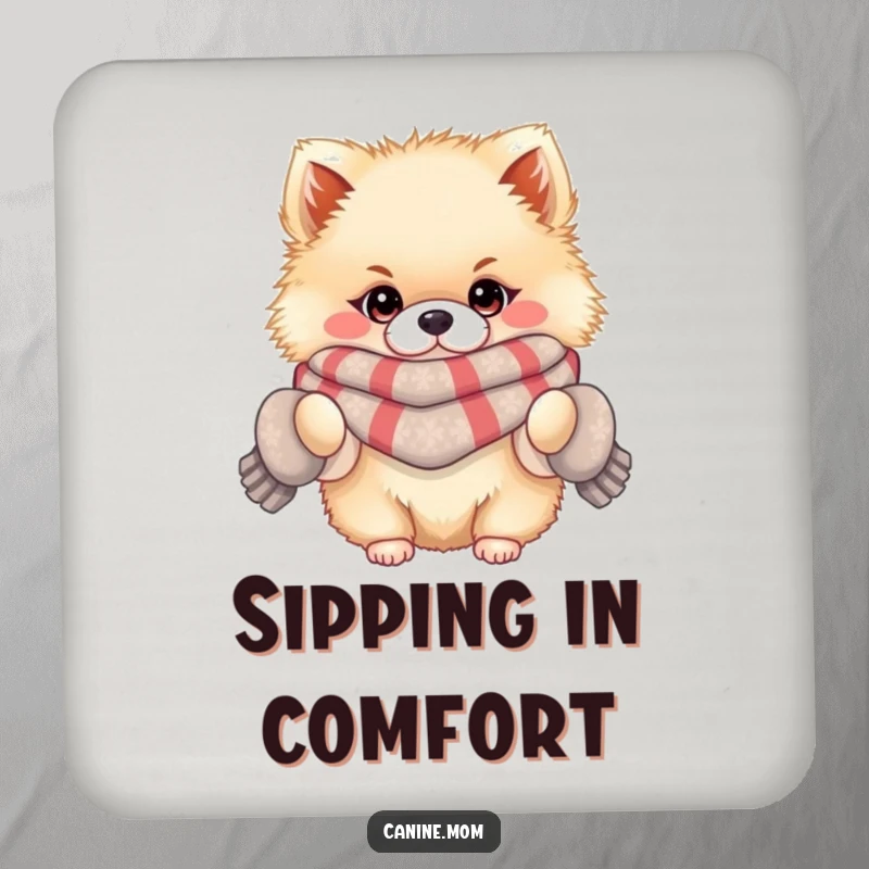 Funny coaster set with a fluffy Pomeranian wearing a scarf and mittens, protecting surfaces with adorable winter-themed humor.