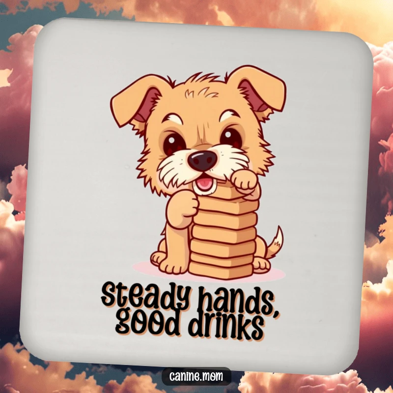 Funny coaster set with a mischievous terrier balancing a stack of dog biscuits, protecting surfaces with a dose of playful humor.