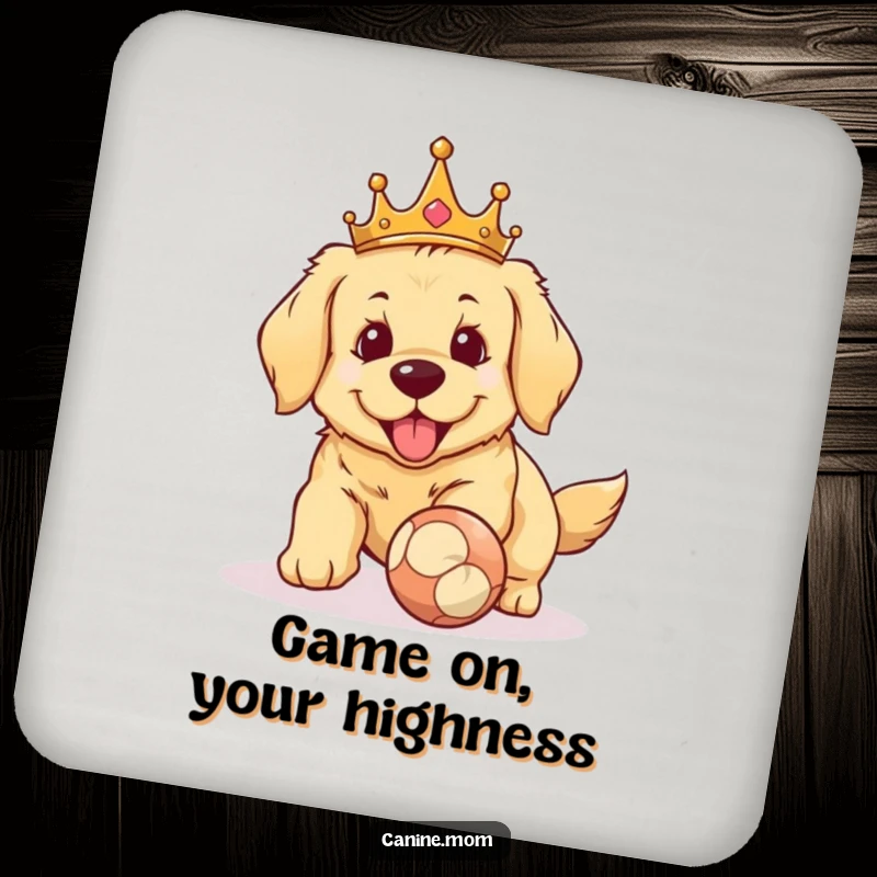 Funny Golden Retriever crown coaster. A regal dog with a crown, ready to fetch, protecting drinks with a touch of royal canine humor.