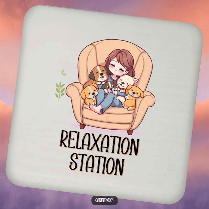 Funny Coasters: Woman in a cozy armchair, surrounded by several dogs enjoying affectionate cuddles, protecting surfaces.