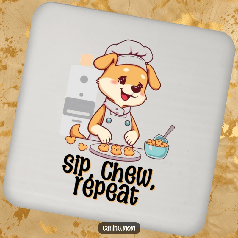 Funny drink coaster with a charming illustration of a dog lady chef presenting tiny, perfectly baked dog cookies.