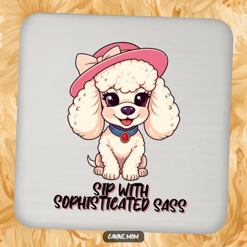 Funny poodle hat coaster. A poodle with a fancy hat smiles coyly, providing chic protection for tables with a humorous and stylish flair.