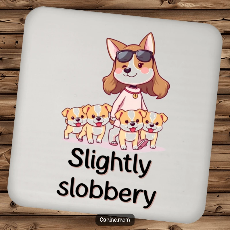 Funny dog lady drink coasters showing a proud woman walking a group of tiny puppies. Protects surfaces with charming and humorous dog-themed art.