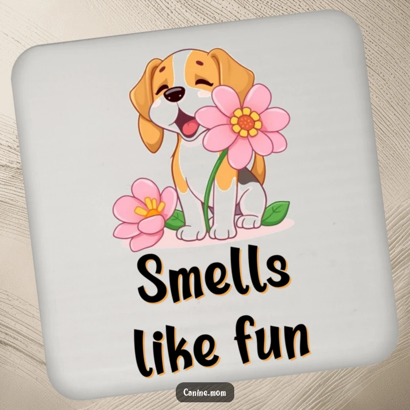 Funny Beagle Coasters, a happy beagle sniffing a large flower, offering protection with a dose of floral and dog humor.