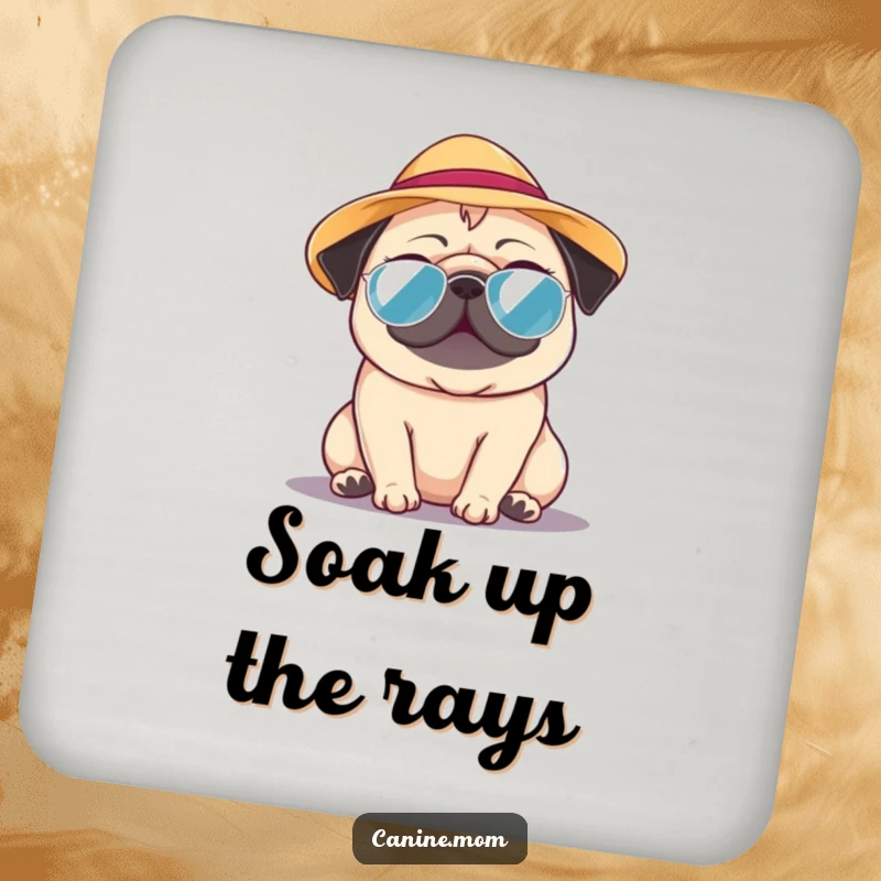 Funny Pug Coasters: A pug wearing a small sun hat, looking happy and relaxed on a warm day. A great funny gift.
