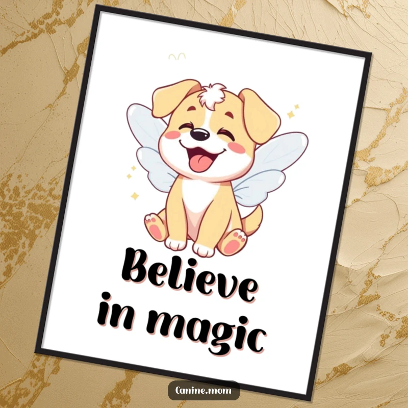 Funny poster art of a giggling dog with fairy wings, fluttering joyfully, creating an enchanting and funny gift.