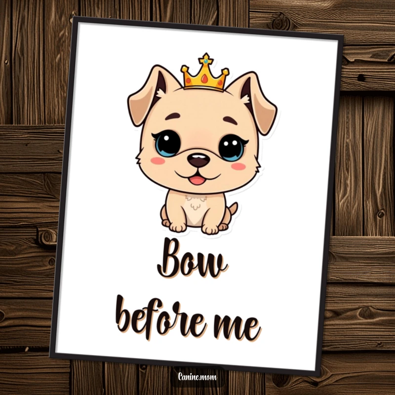 Funny poster art of a proud dog wearing a small crown, looking regal and majestic, making a great funny gift.