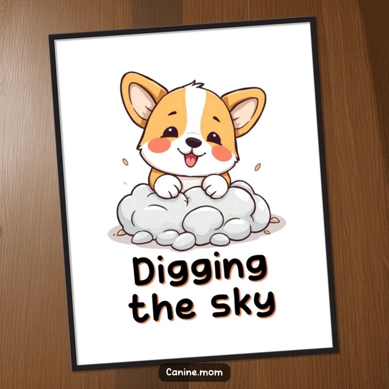 Funny Corgi Poster: Art shows a playful corgi digging into a cloud, bringing a surreal and humorous touch to decor.