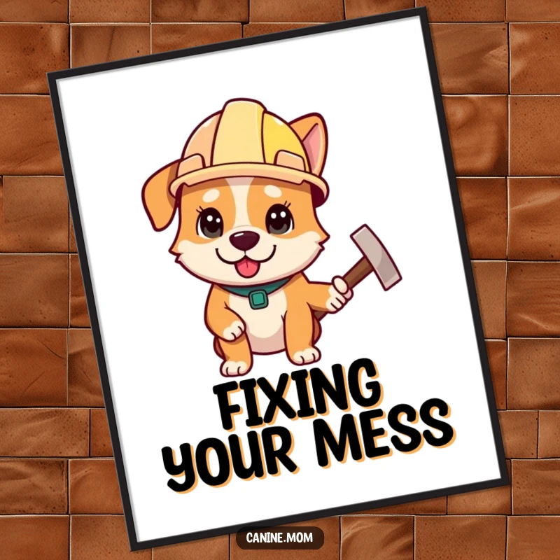 Funny poster art of a determined dog in a construction helmet, holding a hammer, ready to build, a funny gift.