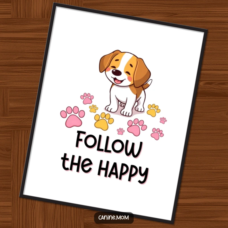 Funny Beagle poster of a smiling dog happily sniffing a trail of giant, colorful paw prints, capturing adventure for wall decor.
