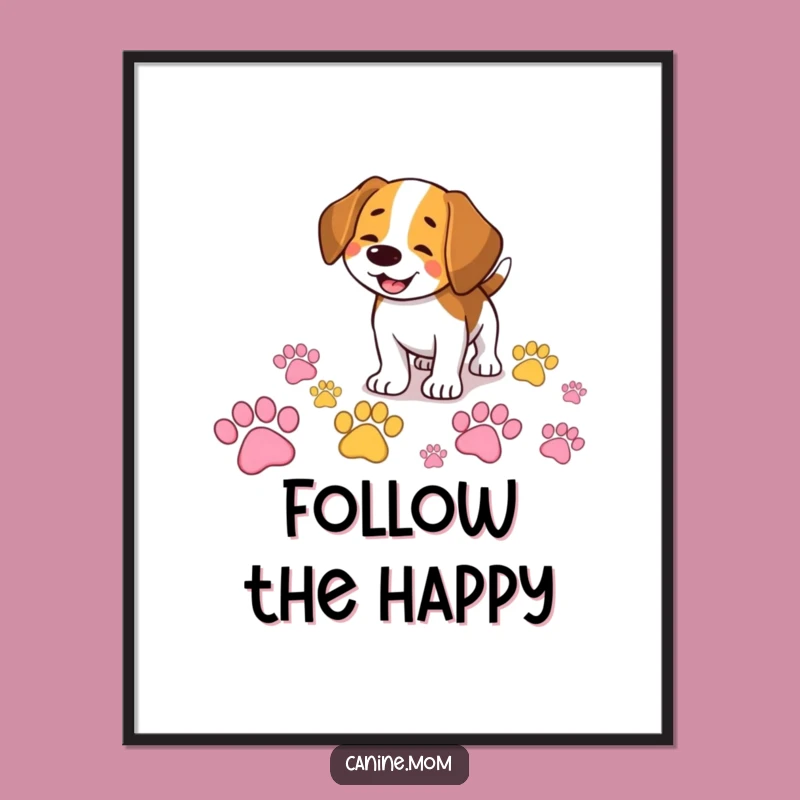 Funny Beagle Poster: Sniffing Colorful Paw Prints, Comedic Wall Art