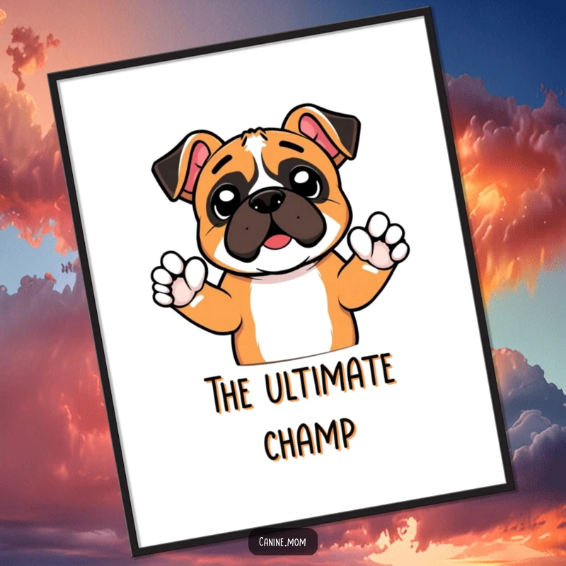 Funny poster with an excited boxer dog raising tiny paws in a cheer, creating an energetic and humorous visual for any space. Motivational wall decor.