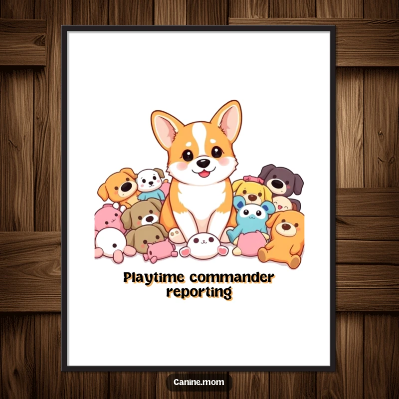 Funny Corgi Poster: A corgi sits happily in a large pile of vibrant, colorful dog toys. A fun funny gift.