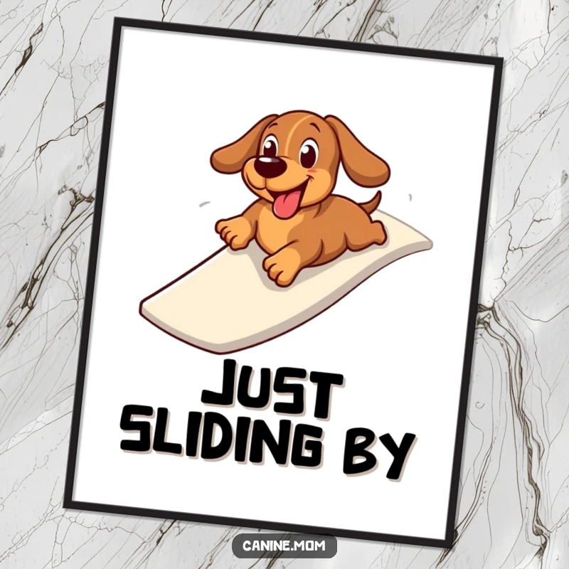 Funny poster print of a cheerful dachshund zooming down a slide on its belly, capturing a moment of pure, unadulterated fun.