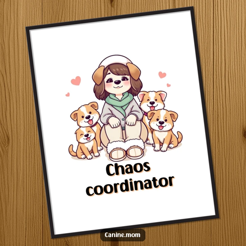 Funny wall art poster of a woman in cozy slippers, joyfully surrounded by an affectionate and happy group of dogs.