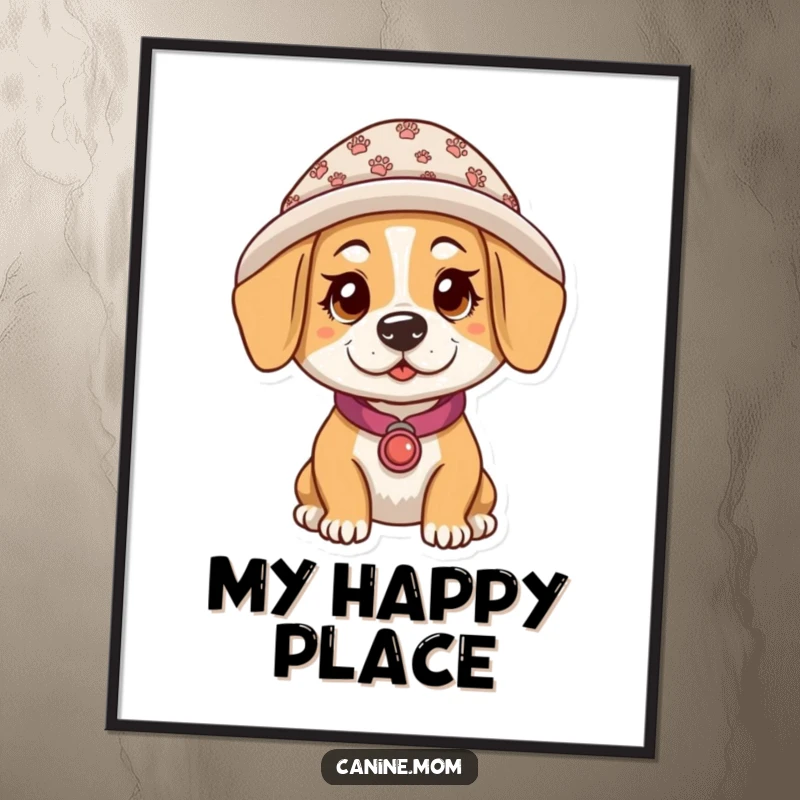 Funny poster illustration of a dog lady wearing a hat detailed with tiny paw prints, adding a touch of humor and pet appreciation.
