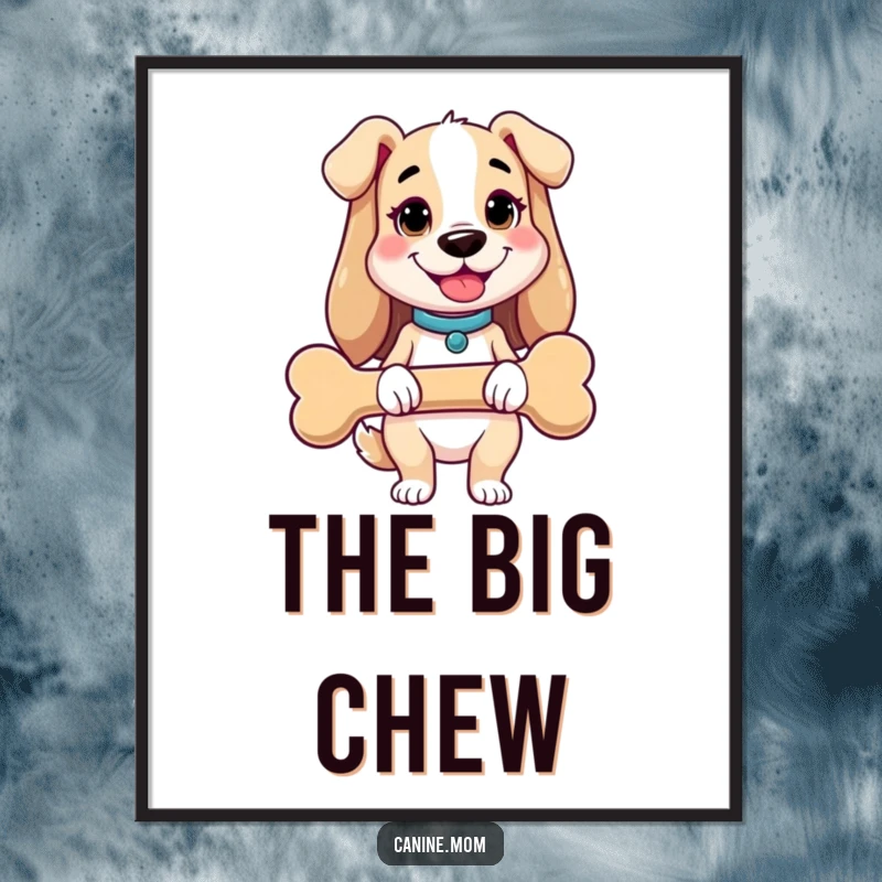 Funny dog lady poster showing a cheerful woman holding an oversized dog bone. Humorous and charming wall art for dog enthusiasts.