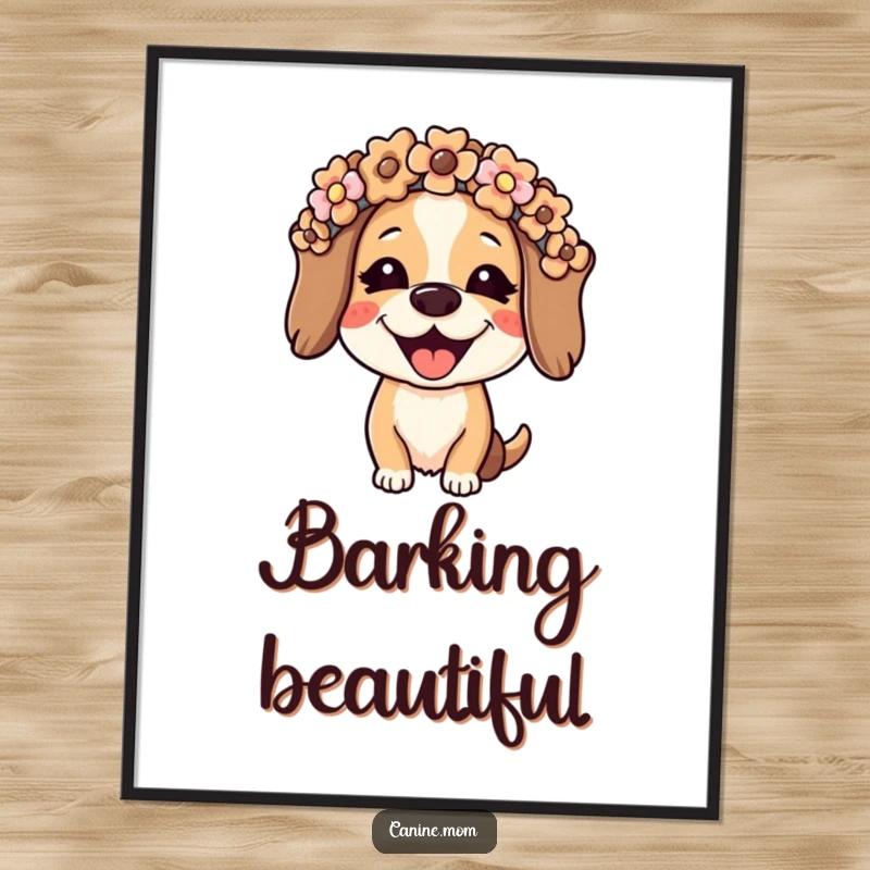 Funny dog lady poster showing a joyful woman wearing a flower crown made of dog biscuits. Humorous and charming wall art for dog enthusiasts.