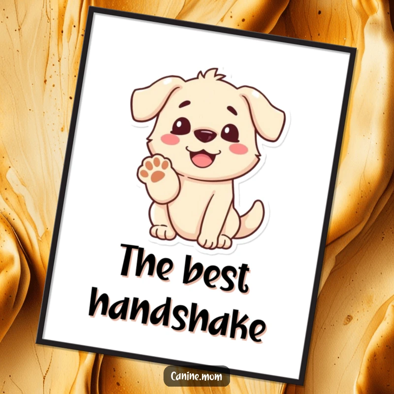 Funny dog poster depicting a dog's joyful face and an outstretched paw, symbolizing friendship and a welcoming spirit.