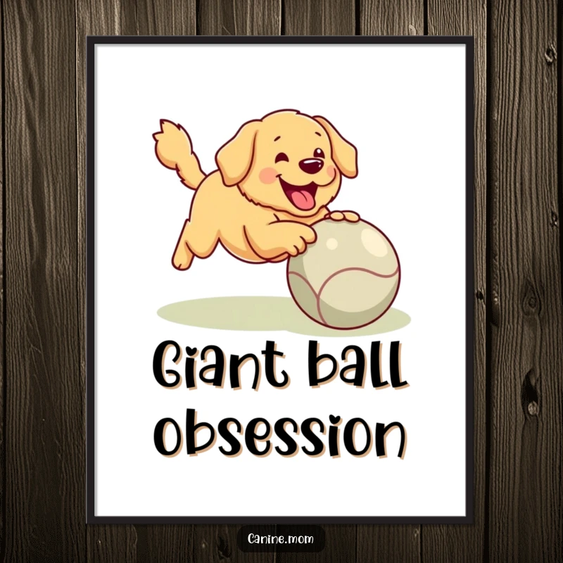Funny Golden Retriever Poster: Art depicts a happy dog enthusiastically playing fetch with an incredibly oversized ball, full of life.