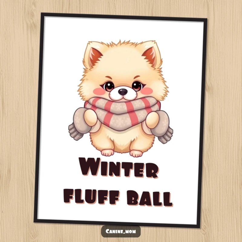 Funny poster featuring a fluffy Pomeranian dressed in a scarf and mittens, exuding winter coziness and irresistible charm.