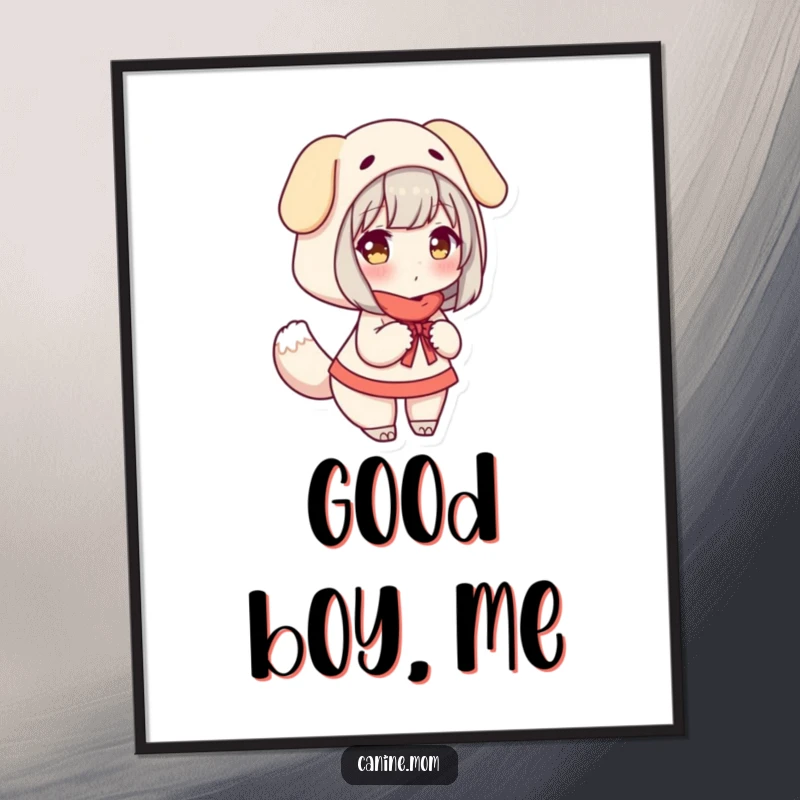 Funny Poster: Woman wearing a dog costume, happily wagging a tail, radiating playful energy.