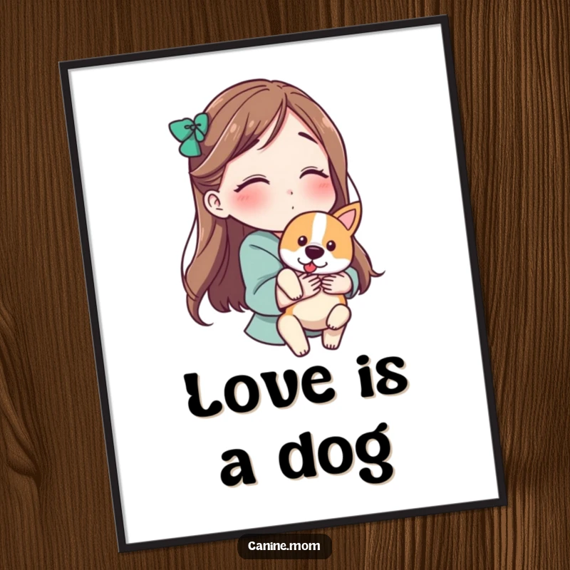Funny poster art of a woman holding a dog and blowing a kiss, a humorous and loving portrayal of the pet-human connection.