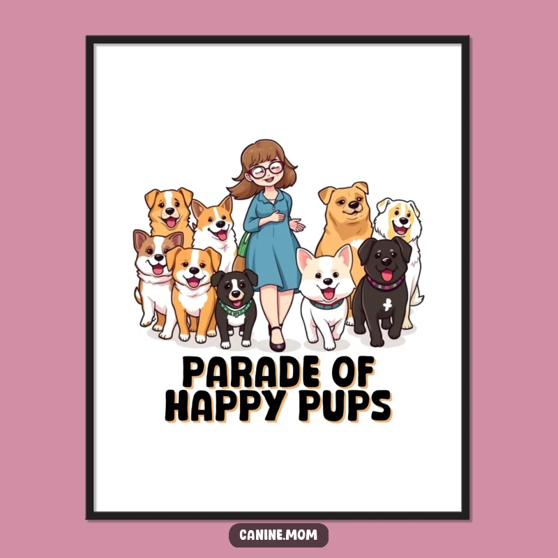 Funny Dog Lady Parade Poster: Whimsical Happy Dog Art Print Gift