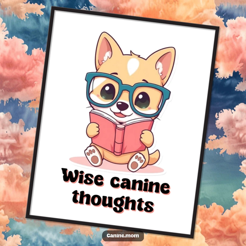 Funny dog poster, depicting a studious canine character wearing oversized glasses, intently reading a book, perfect for humorous literary decor.