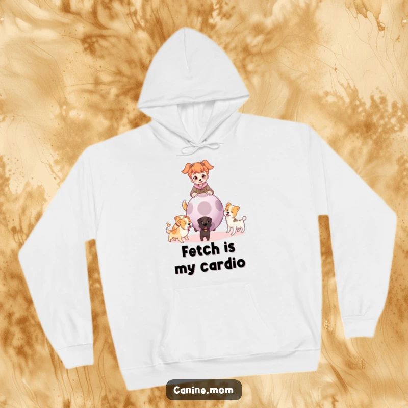 Funny hoodie showing a happy dog lady holding a giant ball, with a pack of excited dogs surrounding her, ready for fetch.