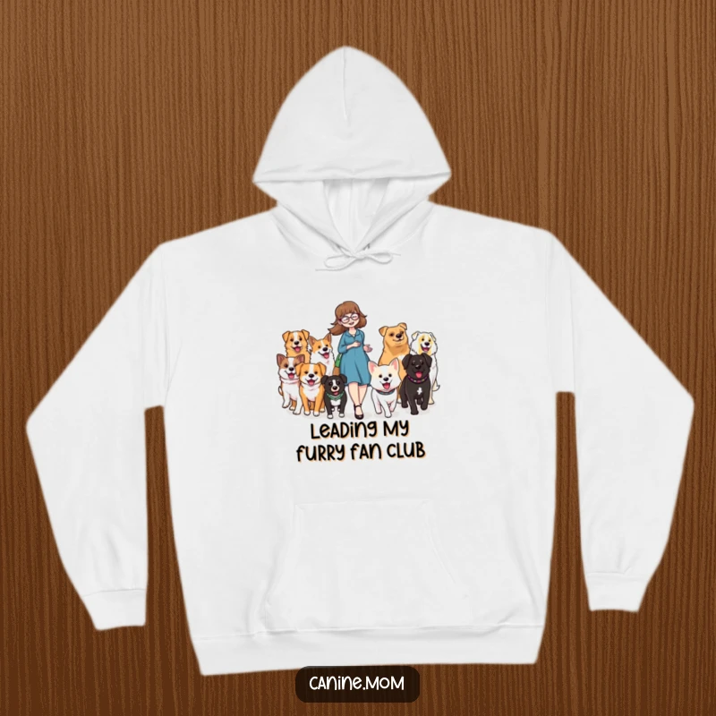 Funny hoodie showing a cheerful dog lady leading a vibrant parade of happy, diverse dogs, creating a scene of pure delight.