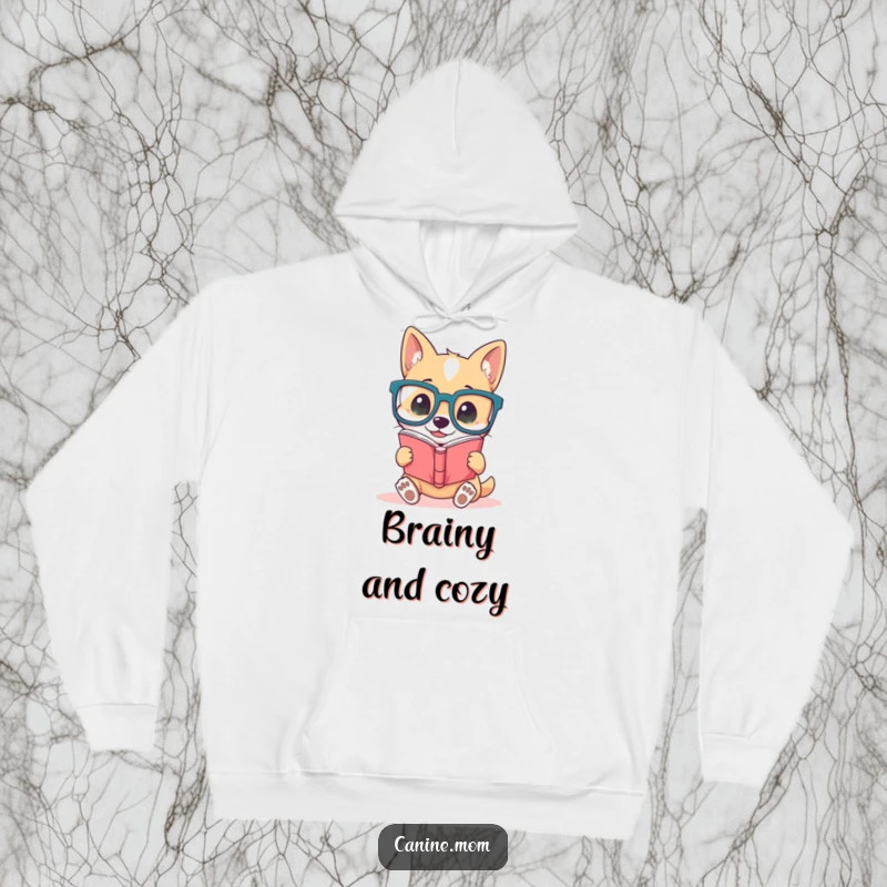 Funny dog hoodie, showing a cute canine character in oversized glasses, deeply engrossed in reading a thick book, a humorous depiction of intelligence.