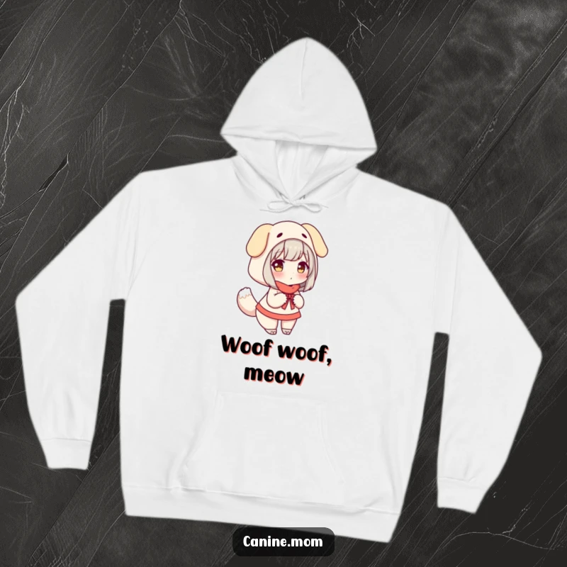Funny Hoodie: Woman in a dog costume, happily wagging a large tail, embodying pure canine joy.