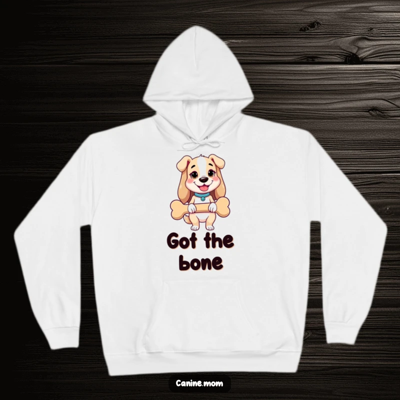 Funny dog lady hoodie showing a cheerful woman holding a comically giant dog bone. Comfortable and humorous apparel for devoted dog lovers.