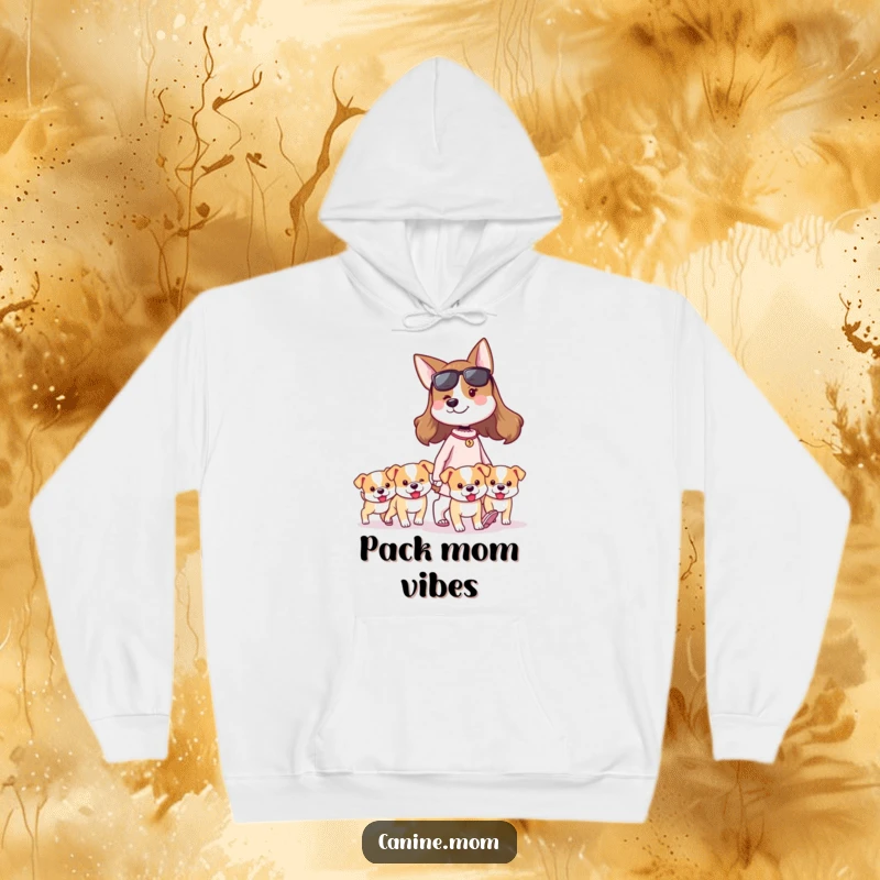 Funny dog lady hoodie showing a confident woman walking a delightful group of tiny puppies. Offers warmth and humor for dedicated dog parents.
