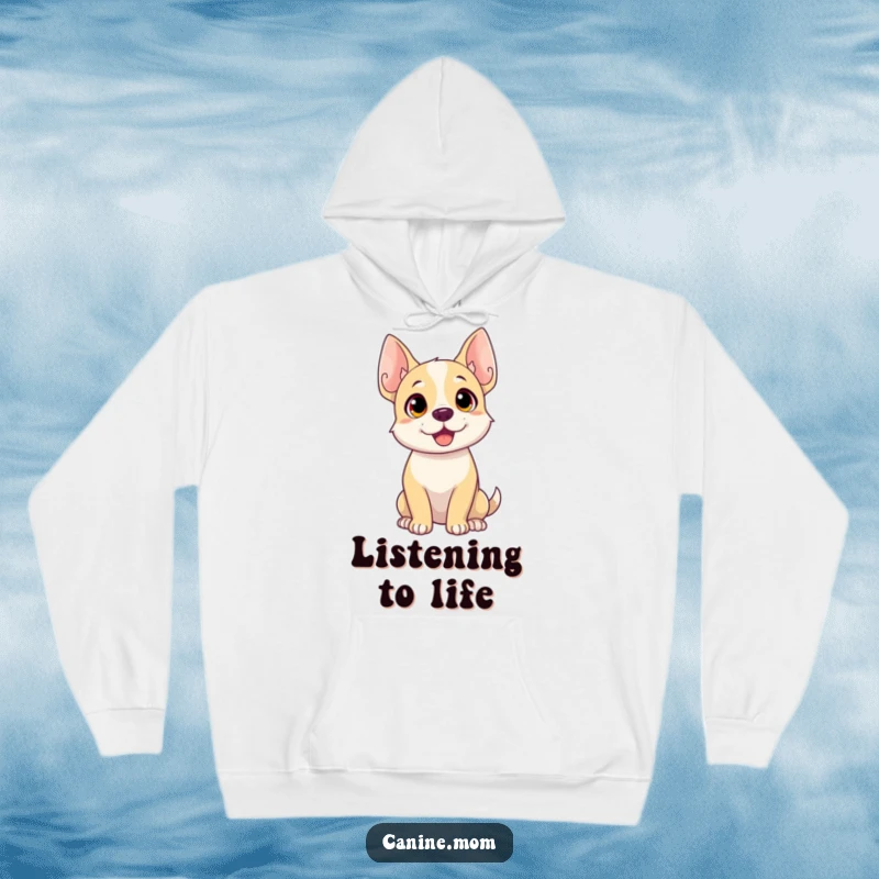 Funny dog hoodie depicting a dog with highly alert, perked-up ears, intently focused on hearing something intriguing.