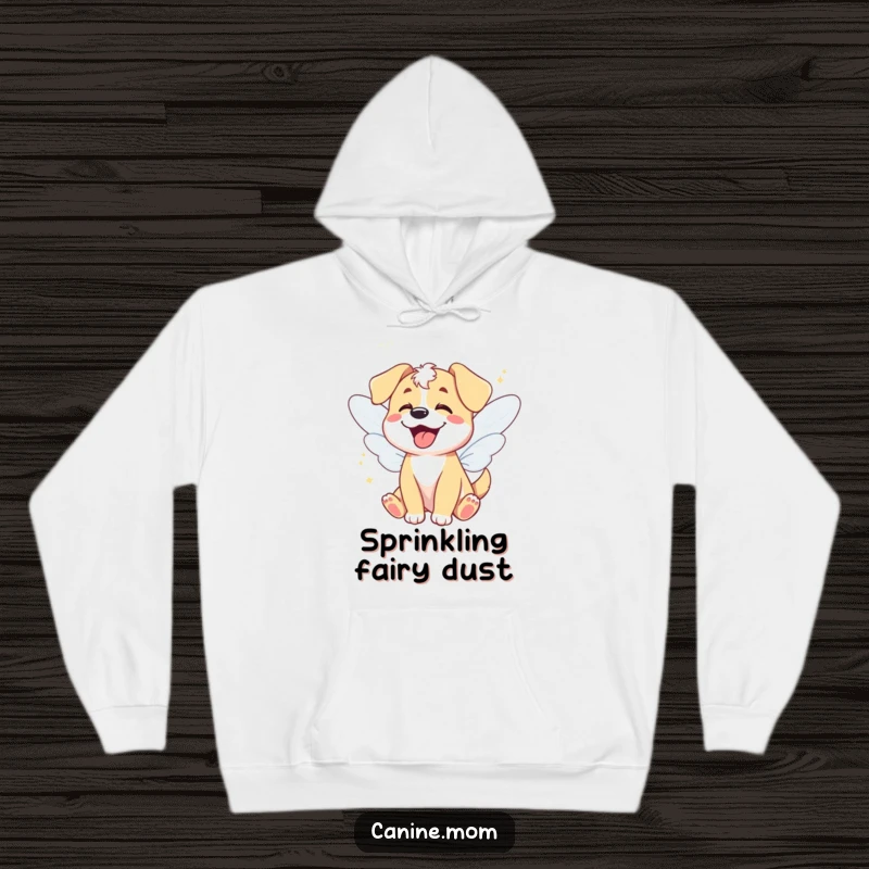 Funny hoodie showcasing a giggling dog with fairy wings, fluttering with delight, offering cozy and magical funny gift vibes.
