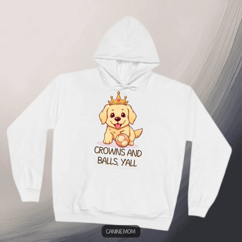 Funny Golden Retriever crown hoodie. A noble dog wearing a crown, poised to retrieve a ball, offering cozy humor and a touch of royal fetch majesty.