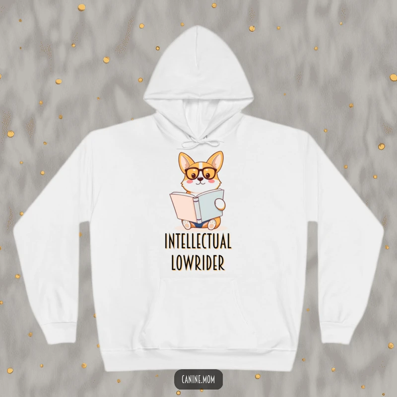 Funny Corgi Hoodie, wearing glasses and deeply focused on reading a sizable book, offering warmth and intellectual charm.