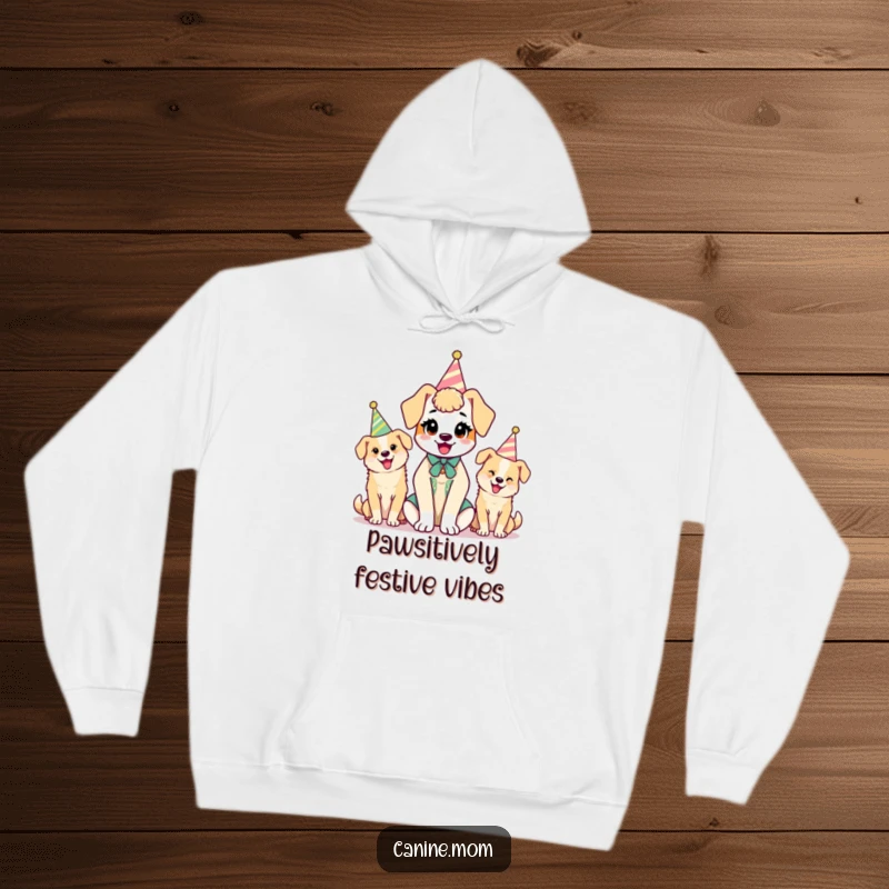 Funny kawaii dog lady character bundled in a cozy hoodie with her dogs, each wearing a party hat, ready for a celebration.