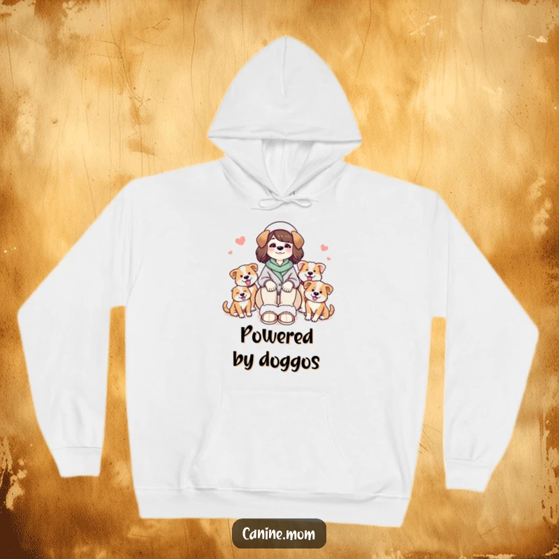Funny hooded sweatshirt: a dog lady in comfy slippers, surrounded by a lively group of ecstatic and loving dogs.