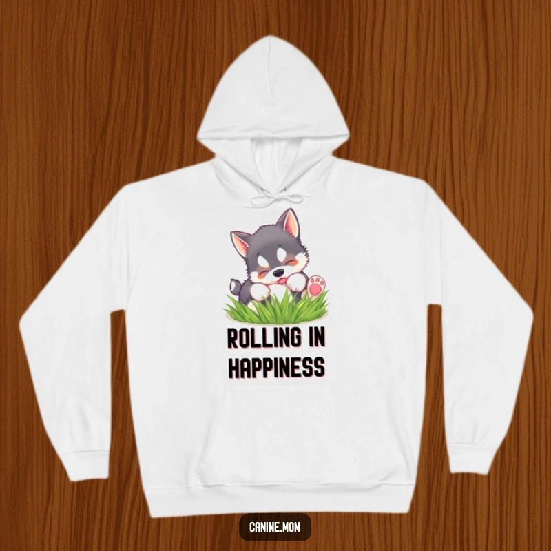 Funny hoodie with a husky puppy playfully rolling in soft grass, offering warmth and a touch of adorable fun.