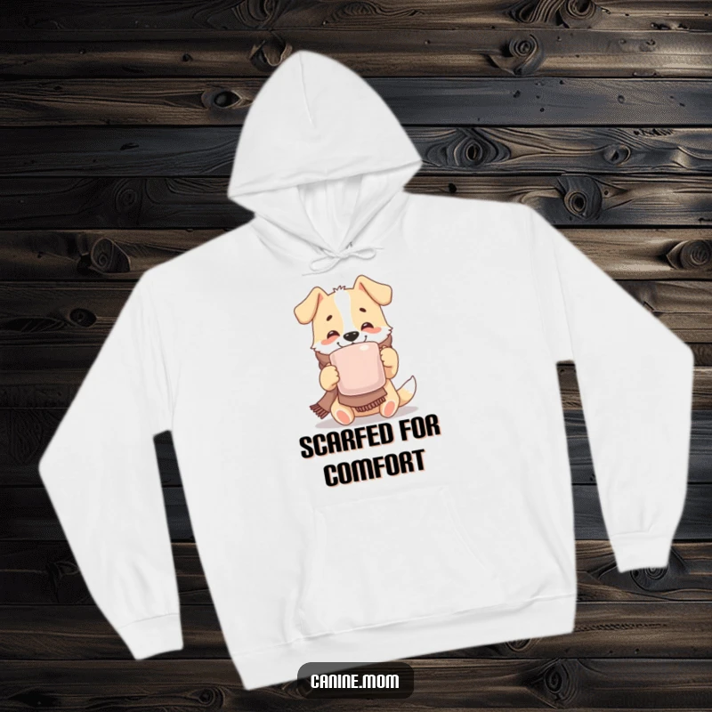 Funny hoodie showcasing a joyful dog with a scarf, sipping from a large mug, offering ultimate coziness and cheerful vibes.