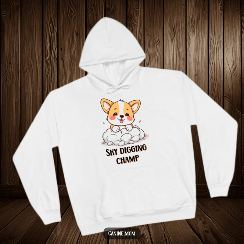 Funny Corgi Hoodie: A playful corgi is humorously digging into a cloud, radiating warmth and whimsical ambition.