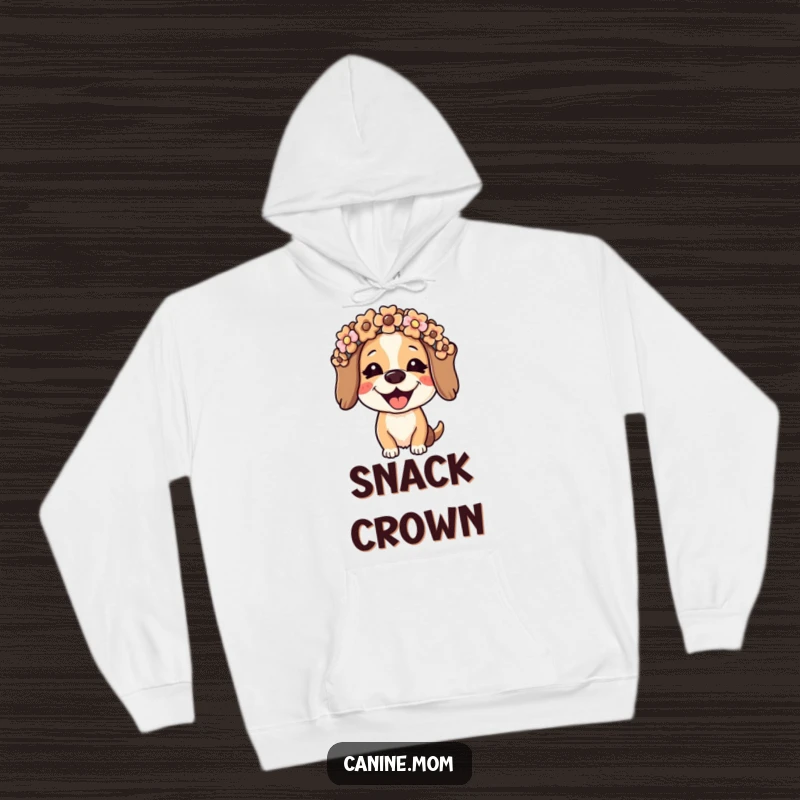 Funny dog lady hoodie showing a joyful woman wearing a flower crown made of dog biscuits. Comfortable and humorous apparel for dog lovers.