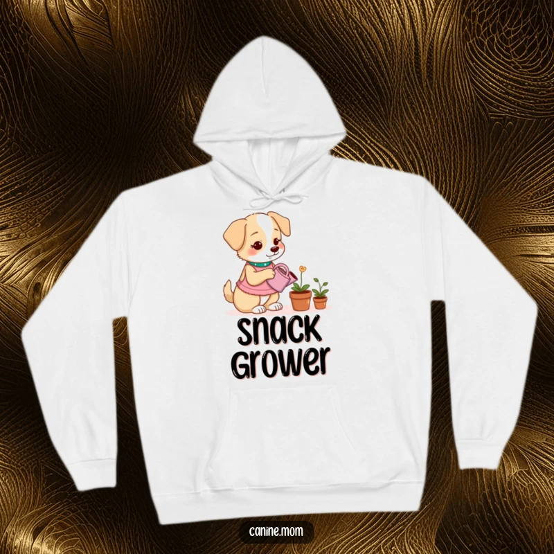 Funny hoodie of a dog lady watering a potted plant that grows dog treats, showcasing a humorous gardening hobby.
