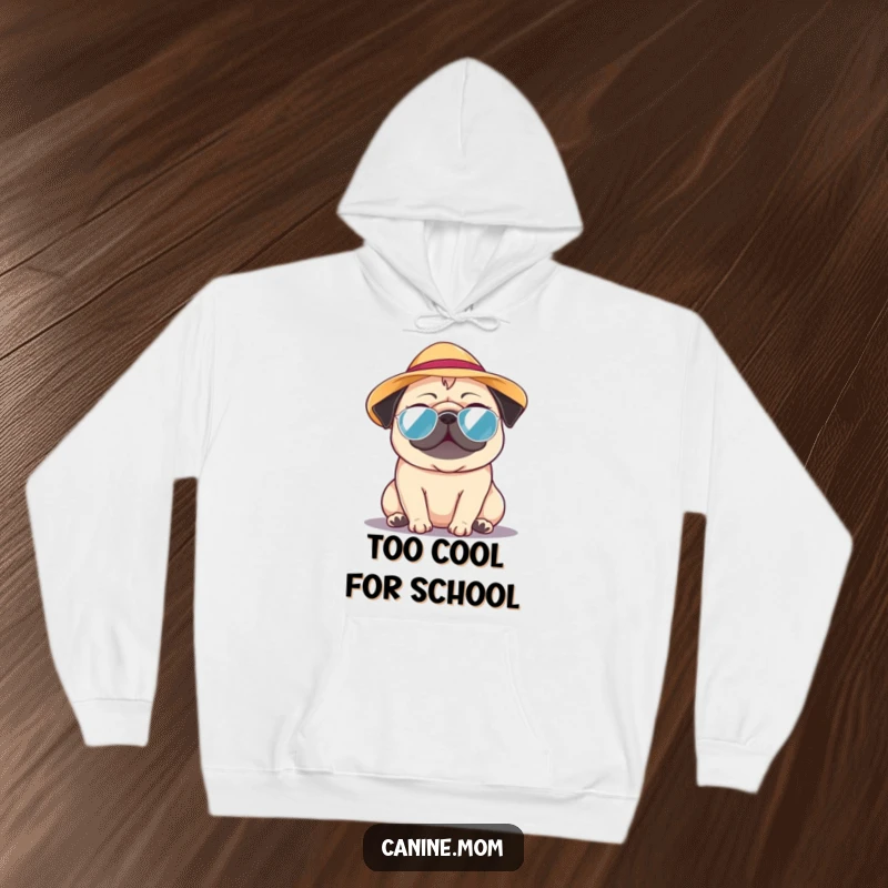 Funny Pug Hoodie: A content pug wearing a small sun hat, enjoying a beautifully warm and sunny day. A cute funny gift.