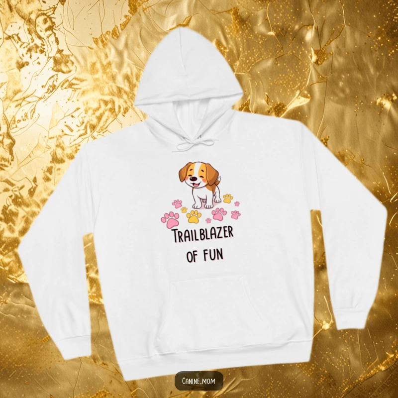 Funny Beagle hoodie depicting a smiling dog happily sniffing a trail of giant, colorful paw prints, offering cozy comfort and humor.